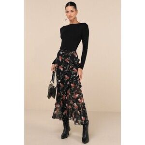 Lulus Marvelously Charming Black Floral Ruffled High-rise Maxi Skirt - Size XL